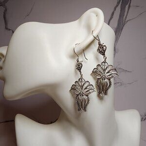 925 Silver DGS Floral Filigree Dangle Earrings